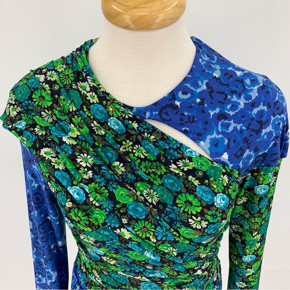 Zara NWOT Draped Blue and Green Printed Colour-blocked Long Sleeve Top, XS - Picture 2 of 16
